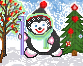 CROSS STITCH Penguin skiing is a Digital PDF Download colours symbols pattern for Afghan or Tunisian crochet knitting download instantly