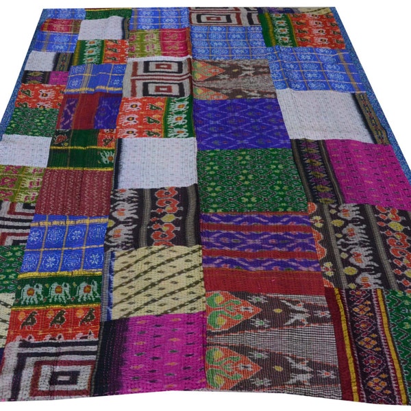 PATCHWORK KANTHA Quilt Blanket Bedspread Throw Gudari Ralli India Bedding Patchwork Quilt Twin Quilt Bohemian Silk Multi Color Patch Quilt