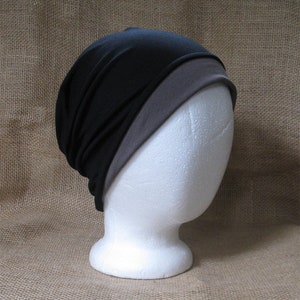 Reversible Bamboo Slouchy Beanie Hat for Men or Women - Java and Black Bamboo Chemo Headwear