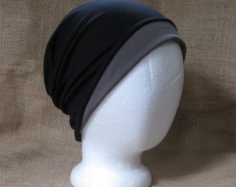 Reversible Bamboo Slouchy Beanie Hat for Men or Women - Java and Black Bamboo Chemo Headwear