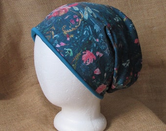 Boho Flowers and Foliage Bamboo Reversible Slouchy Beanie Hat - Custom Print Earth Friendly Headwear