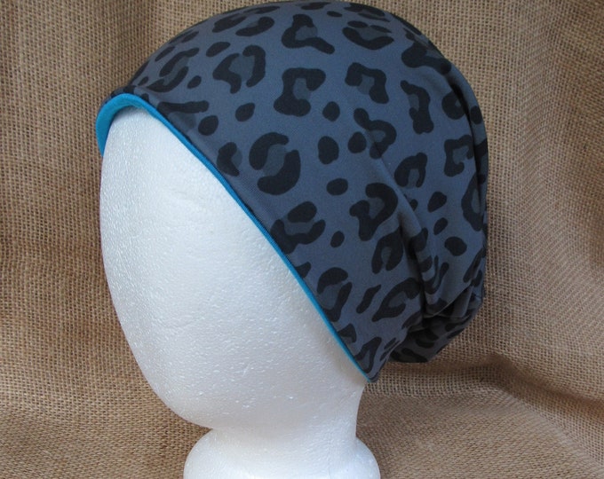 Cheetah or Leopard Hat with Turquoise Bamboo Reversible Slouchy Beanie Hat Headwear