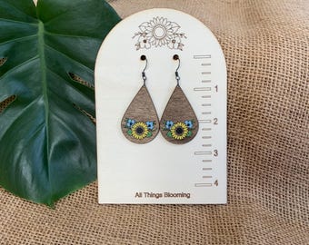 Handpainted Sunflower Wood Drop Earrings – Boho Floral Dangle Jewelry, Lightweight Gift
