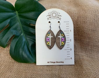 Easter Flower Cross Wood  Earrings –Hand Painted Lightweight Wooden Jewelry, Gift for Her
