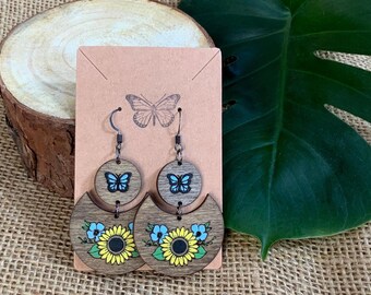 Handpainted Sunflower and Blue Butterfly Wood Earrings – Boho Floral Dangle Earrings, Lightweight Wooden Jewelry, Gift for Her