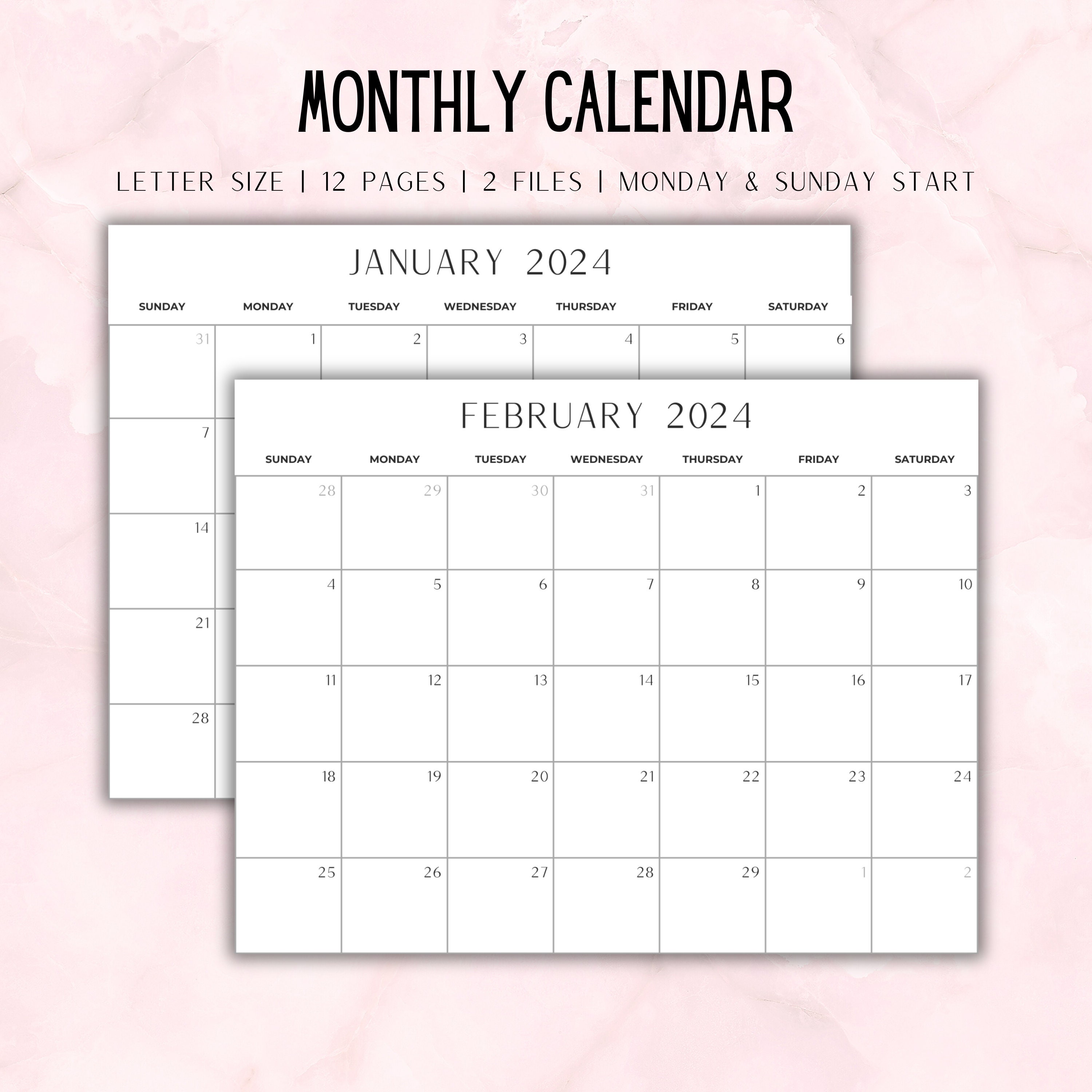 Minimalistic 2024 Landscape Printable Monthly Calendar, Sunday and