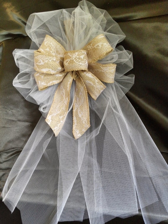Wedding Pew Bows Brown Burlap Ribbon Bows With Lace And Etsy