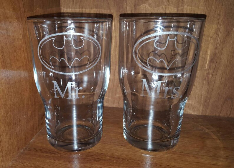 Two Etched Batman Wedding Pint Glasses DC Comics Geeky Etsy