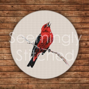 Counted Cross Stitch Pattern - Scarlet Tanager Bird - Instant Digital Download PDF