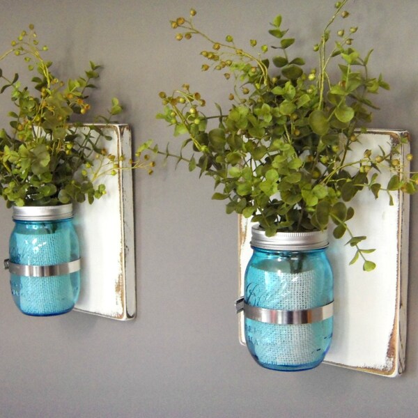 Wooden Wall Sconces - Set of 2 Sconces - Blue Tinted Jars - 16 oz Mason Jars -  Distressed Wood - Rustic Country Decor - Housewarming Gift
