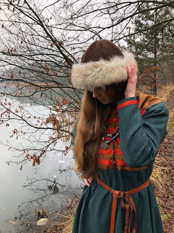 Medieval round hat with fox fur Viking Slav