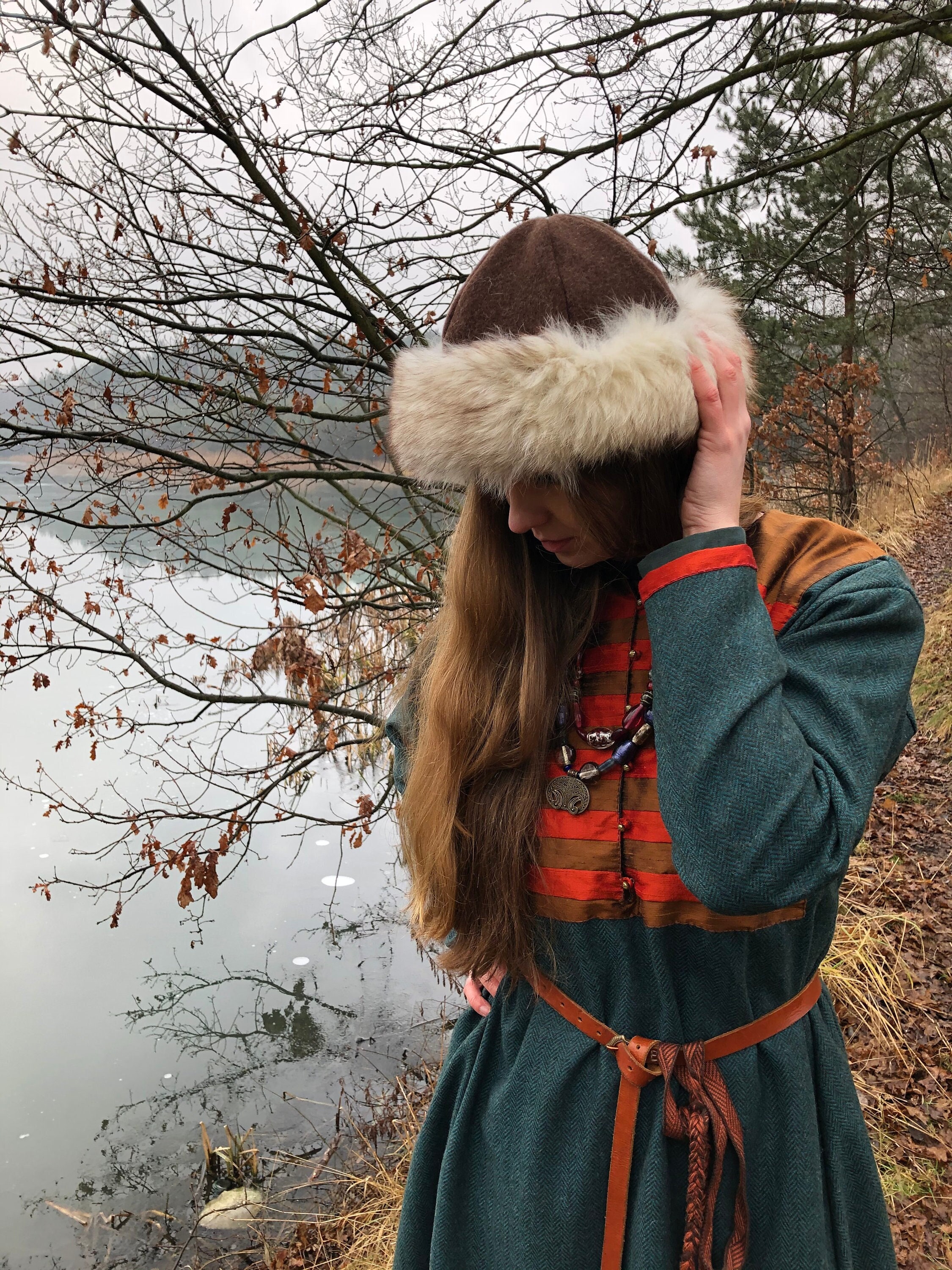 White Fox Fur-Trimmed Viking Hat - (Faux Fur)