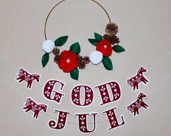 God Jul Garland Merry Christmas Banner Festive Nordic Scandinavian Decor with Dala Horses