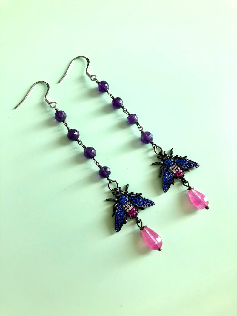 Long Rhinestone Bee Earrings with Amethyst Rosary Chain and Pink Dyed Jade Teardrops Insect Earrings Bee Earrings