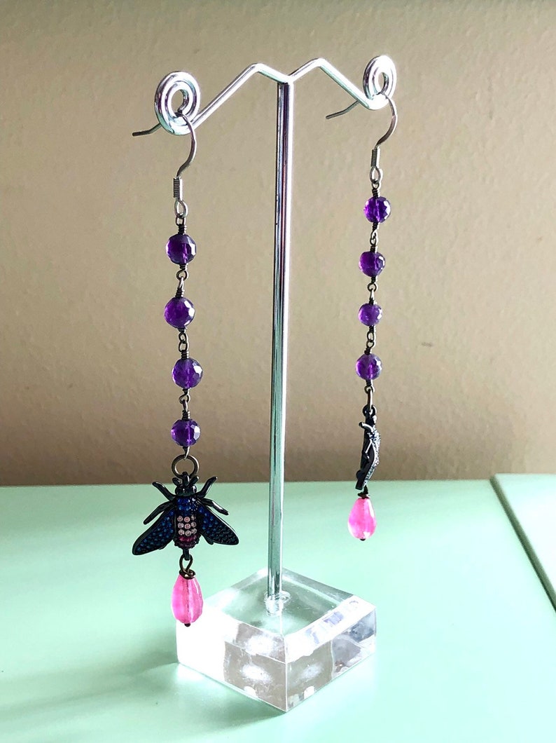 Long Rhinestone Bee Earrings with Amethyst Rosary Chain and Pink Dyed Jade Teardrops Insect Earrings Bee Earrings