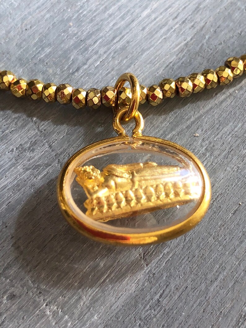 Buddha Charm Necklace Gold Laotian Lying Buddha Pendant Gold Plated Hematite Necklaces Gold Hematite Necklace Religious Necklace