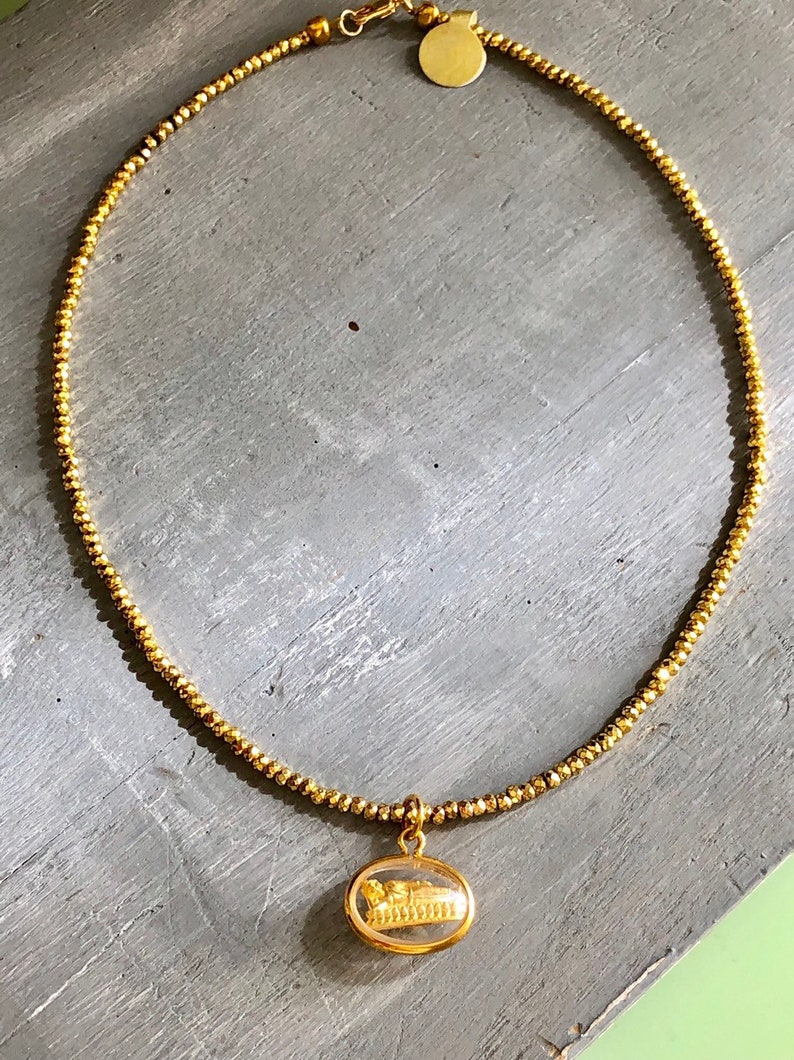 Buddha Charm Necklace Gold Laotian Lying Buddha Pendant Gold Plated Hematite Necklaces Gold Hematite Necklace Religious Necklace