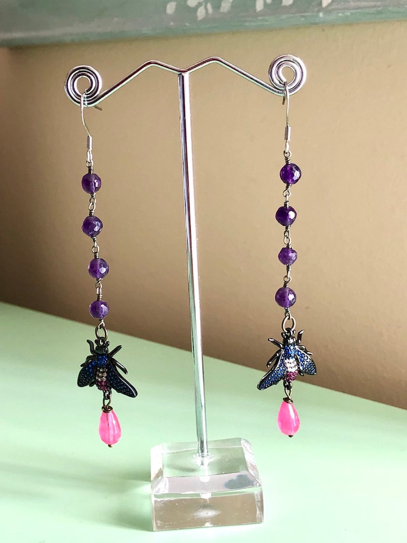 Long Rhinestone Bee Earrings with Amethyst Rosary Chain and Pink Dyed Jade Teardrops Insect Earrings Bee Earrings