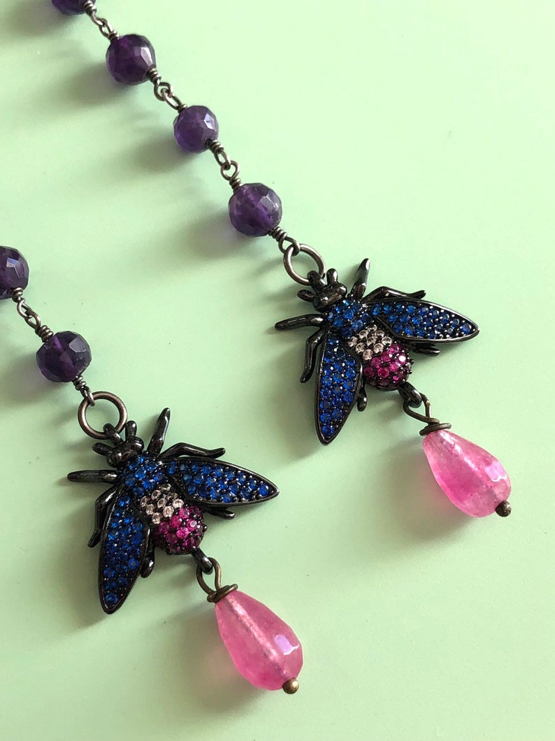 Long Rhinestone Bee Earrings with Amethyst Rosary Chain and Pink Dyed Jade Teardrops Insect Earrings Bee Earrings