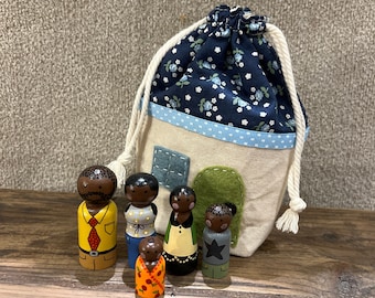 Peg Doll Family with Drawstring House
