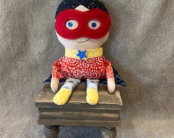 Superhero rag doll with removable mask and cape
