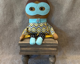 Superhero rag doll with removable mask and cape