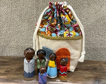 Peg Doll Family with Drawstring House
