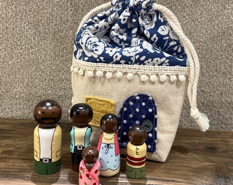 Peg Doll Family with Drawstring House