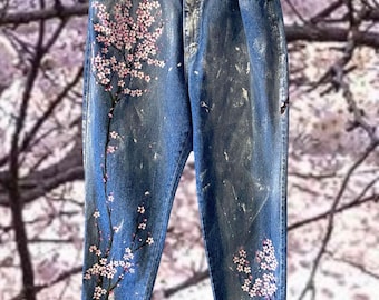 ◆THE MUSEUM VISITOR◆ HAND PAINTED DENIM PANTS PINK 10321 Mens Pink Graffiti Washed Jeans Y2k Hand Painted Streetwear