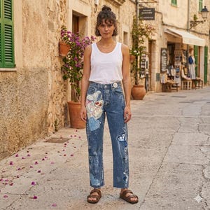 May include: A woman wearing a white tank top and blue jeans with whimsical painted designs. The jeans feature cartoon-like illustrations and heart shapes. She is wearing brown sandals and standing on a cobblestone street.