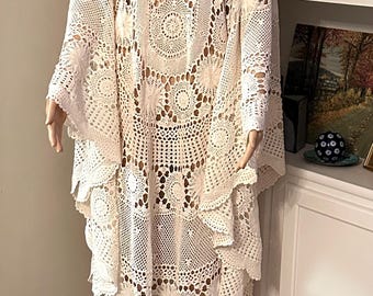 One of a Kind Crochet Caftan | Vintage Handmade Tablecloth Dress | Bohemian Cotton Poncho | Resort Cover Up | Slow Fashion | Wearable Textil