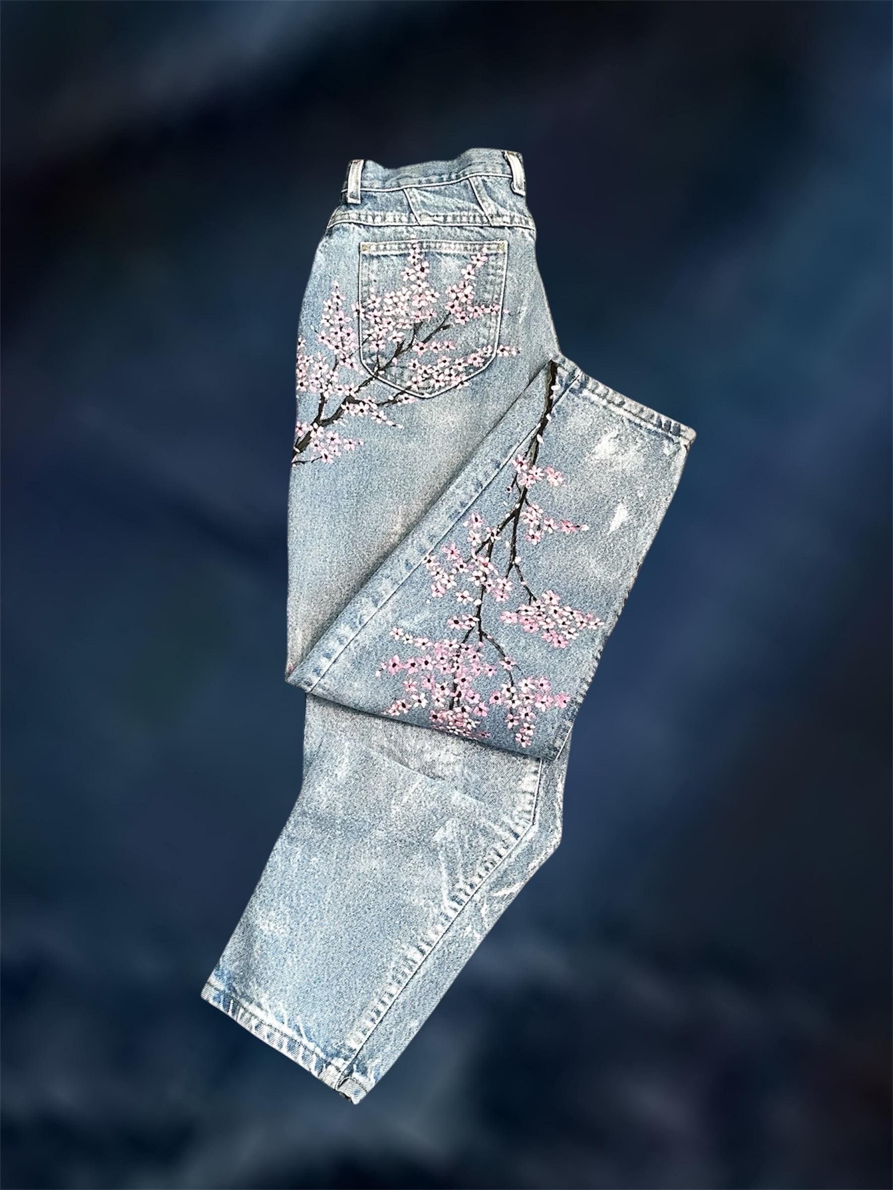 Hand Painted Cherry Blossom Jeans | Wearable Art | Boho Painted