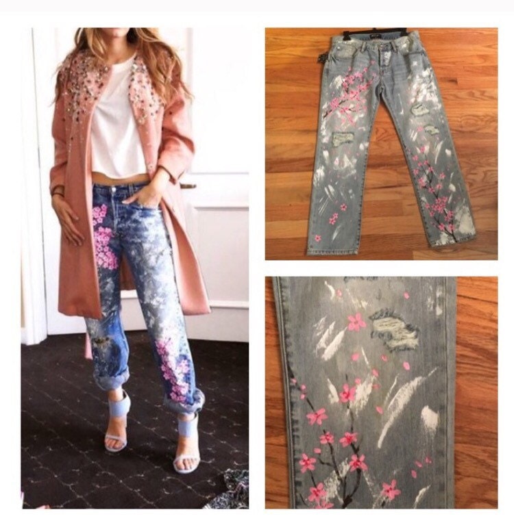 Custom Hand Painted Jeans -hand Painted Denim*cherry Blossom