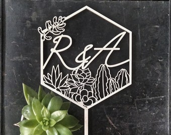 Succulent cake topper custom wedding cake topper with initials within an hexagon