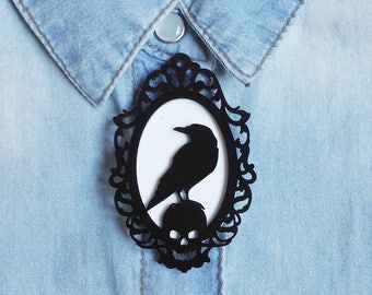 Gothic raven cameo brooch or necklace crow on skull into baroque frame Halloween gift gothic jewelry raven