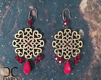 Arabesque golden painted rosewood earrings with red drop beads, one of a kind