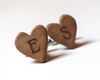 Heart shaped cufflinks with initials groom gift wood cufflinks smooth and smart design