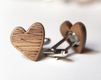 Heart shaped cufflinks groom groomsmen gift wood cufflinks doodle design