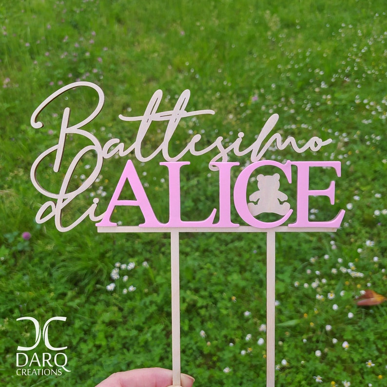 Cake topper per Battesimo con orsetto il legno naturale anche con il nome in rosa o azzurro immagine 3