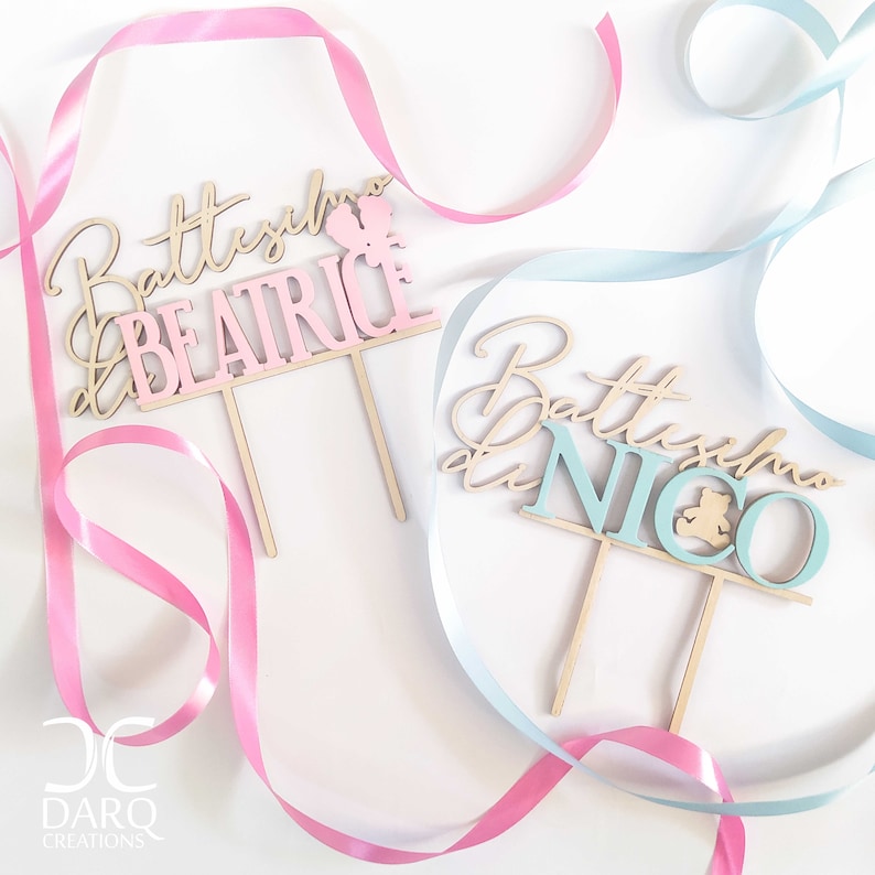 Cake topper per Battesimo con orsetto il legno naturale anche con il nome in rosa o azzurro immagine 4