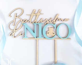 Cake topper per Battesimo con orsetto il legno naturale anche con il nome in rosa o azzurro