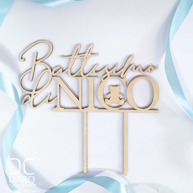 Cake topper per Battesimo con orsetto il legno naturale anche con il nome in rosa o azzurro immagine 2