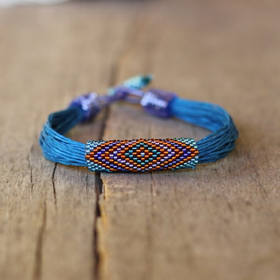 Tribal bracelet blue linen bracelet natural gift for her | Etsy
