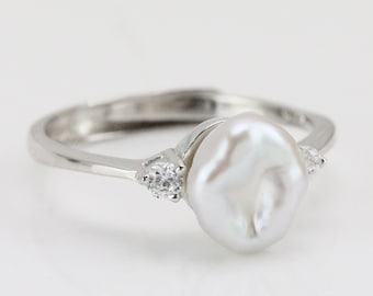 8mm white keshi pearl ring,cultured freshwater pearl ring,baroque pearl ring,special irregular pearl ring,silver 925 open ring,gift for her