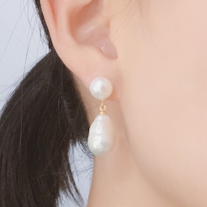 Double pearl earrings,two pearls earrings,8mm and 10-11mm ivory drop pearl earrings, special freshwater baroque pearl dangle earrings silver