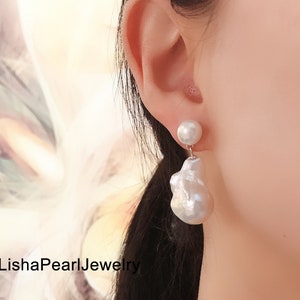 Small and big white baroque pearl earrings,two pearls dangle earring,large freshwater flameball double pearl earring sterling silver