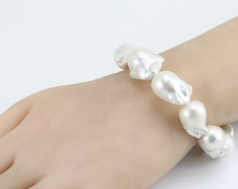 White baroque pearl bracelet,14-16mmx20-25mm large flameball pearl bracelet,big size jumbo freshwater nucleated pearl bracelet,