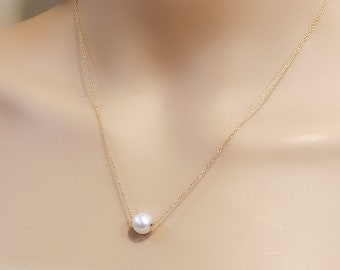 Single pearl necklace,pearl floating necklace,white pearl necklace,yellow gold plated,wedding bridal pearl necklace,elegant pearl necklace