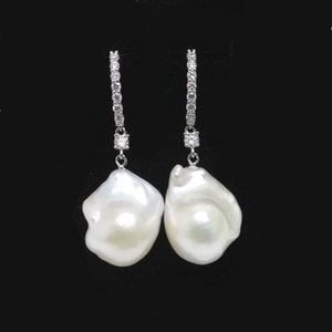 Large baroque pearl earrings,big freshwater flameball white pearl earrings,sterling silver CZ earrings