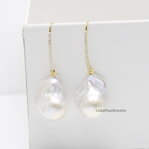 Large baroque pearl earrings,White baroque pearl earrings,yellow gold plated over sterling silver dangle CZ earrings